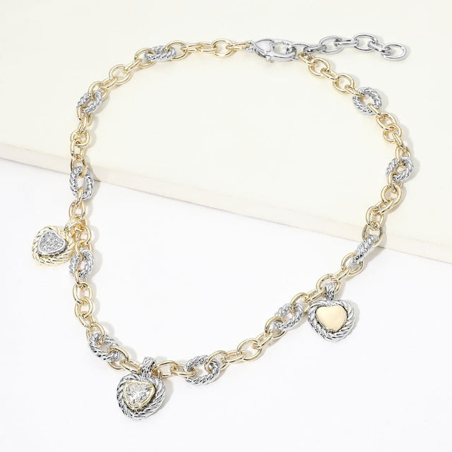 Madeline Love Two Tone 14K Gold Plated Two Tone CZ Heart Charm Station Necklace