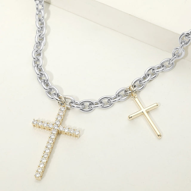 Madeline Love Gold, Silver 14K Gold Plated Two Tone CZ Pave Double Cross Charm Necklace