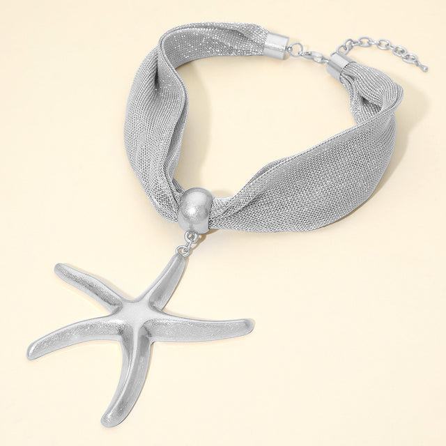Madeline Love Rhodium Bold Brushed Metal Starfish Pendant Mesh Statement Necklace - Necklaces