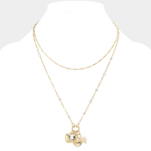 Collar con colgante de concha puntiaguda y corazón de metal en capas - Crema, Oro