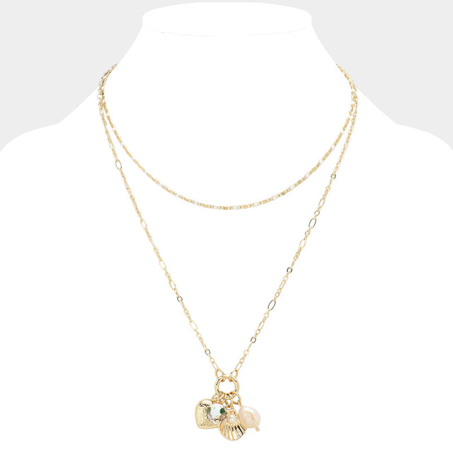 Cream, Gold Metal Heart Pearl Pointed Shell Charm Pendant Layered Necklace