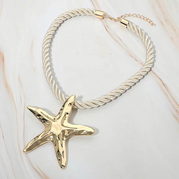 Madeline Love Gold, White Hammered Metal Starfish Pendant Accent Bold Rope Chain Statement Necklace - Necklaces