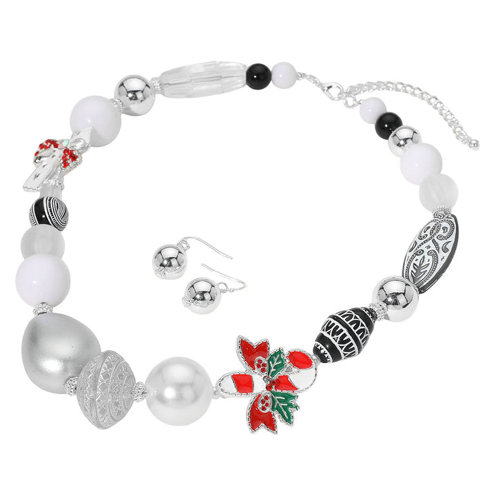 Multi, Silver Stone Detailed Enamel Christmas Bow Candy Cane Charm Peal Engraved Beaded Necklace