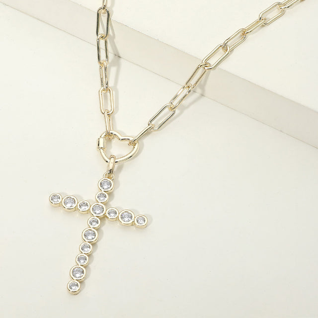 Madeline Love Gold 14K Gold Plated CZ Bezel Cross Pendant Paperclip Chain Necklace - Necklaces