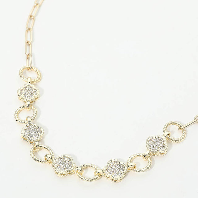 Madeline Love Gold 14K Gold Plated CZ Quatrefoil Charm Link Necklace
