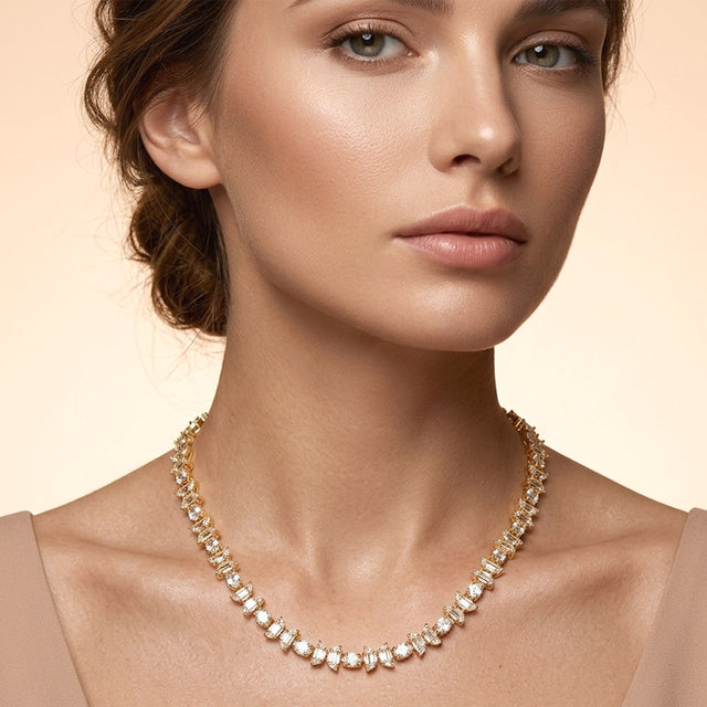 Madeline Love Clear, Gold 18K Gold Dipped Half Moon Round Stone Cluster Link Tennis Chain Necklace