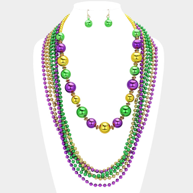 Gold, Multi Mardi Gras Ball Beaded Layered Necklace