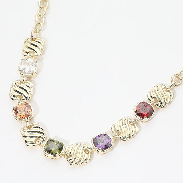 Madeline Love Gold, Multi 14K Gold Plated Multicolor Square CZ Cluster Textured Plate Link Station Necklace
