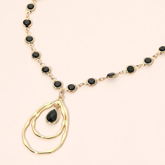 Madeline Love Black, Gold Teardrop Layered Double Hoop Pendant Faceted Round Stone Bezel Link Chain Necklace