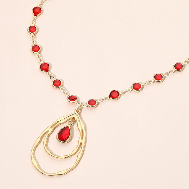 Madeline Love Gold, Siam Teardrop Layered Double Hoop Pendant Faceted Round Stone Bezel Link Chain Necklace