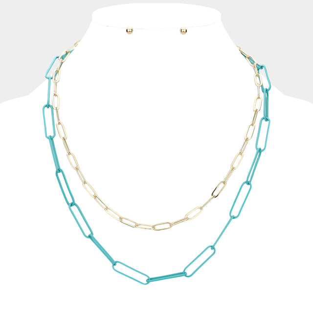 Madeline Love Turquoise 2PCS - Colored Open Metal Oval Link Necklaces