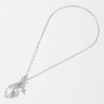 SECRET BOX_Sterling Silver Dipped Heart Stone Paved Cross Charm Half Pearl Chain Toggle Necklace - Silver - Necklaces