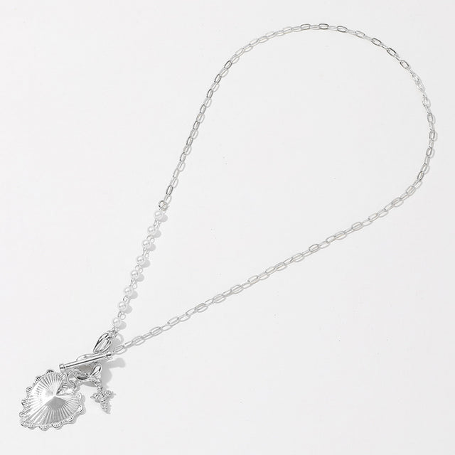 SECRET BOX_Sterling Silver Dipped Heart Stone Paved Cross Charm Half Pearl Chain Toggle Necklace - Silver - Necklaces