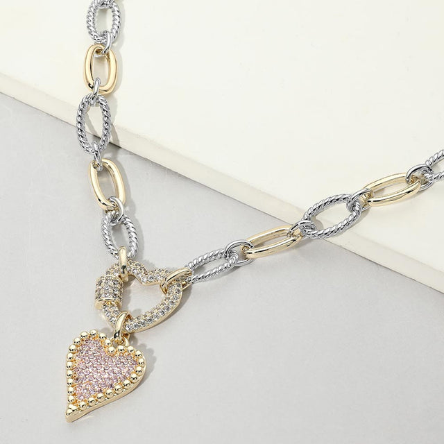 Madeline Love Rose, Two Tone 14K Gold Plated Two Tone CZ Pave Heart Pendant Chunky Chain Necklace