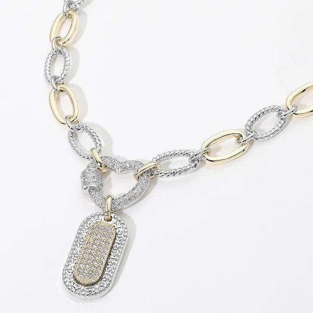Madeline Love Two Tone 14K Gold Plated Two Tone CZ Pave Dog Tag Pendant Necklace