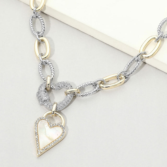 Madeline Love Two Tone Two Tone 14K Gold Plated CZ Pave Heart Pendant Oval Link Statement Necklace