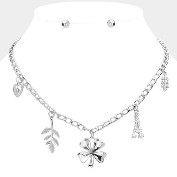 Madeline Love Rhodium Heart Leaf Clover Eiffel Tower Pendant Station Necklace - Necklaces