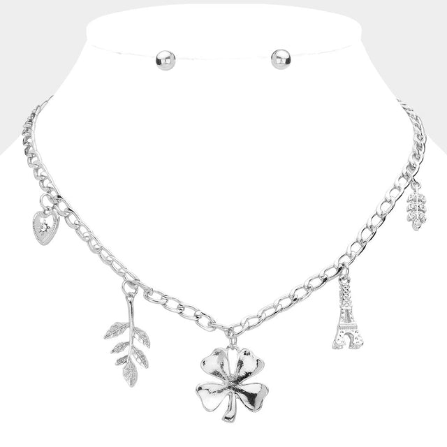 Madeline Love Rhodium Heart Leaf Clover Eiffel Tower Pendant Station Necklace - Necklaces