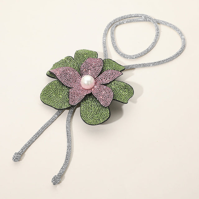 Madeline Love Pink&Green Pearl Centered Bling Studded Flower Pointed Bolo Tie Necklace - Necklaces