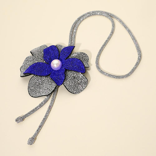 Women's Pearl Centered Bling Studded Flower Pointed Bolo Tie Statement Necklace - Clear, Sapphire