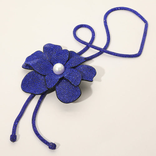 Women's Pearl Centered Bling Studded Flower Pointed Bolo Tie Statement Necklace - Sapphire
