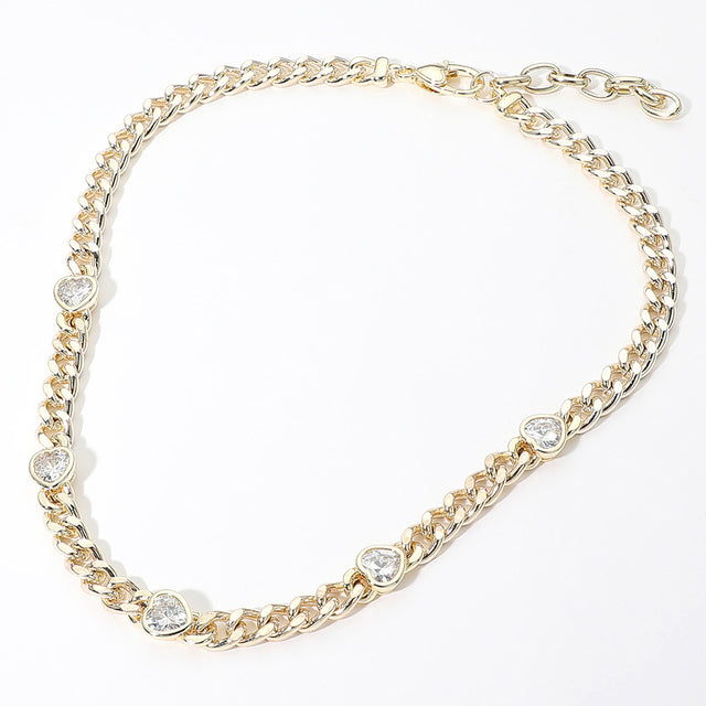 Madeline Love Clear, Gold 14K Gold Plated Heart CZ Gem Station Cuban Chain Necklace