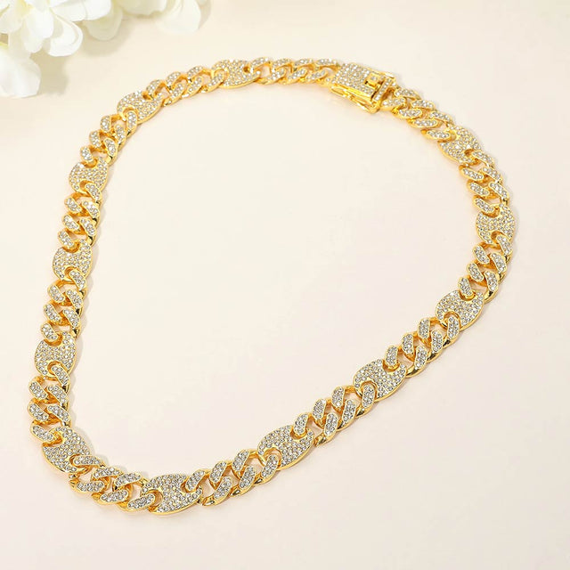 Madeline Love Gold Bold 12mm Rhinestone Pave Miami Cuban Mariner Link Chain Necklace