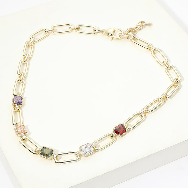 Madeline Love Gold, Multi 14K Gold Plated Rectangular CZ Cluster Stateion Paperclip Chain Link Necklace