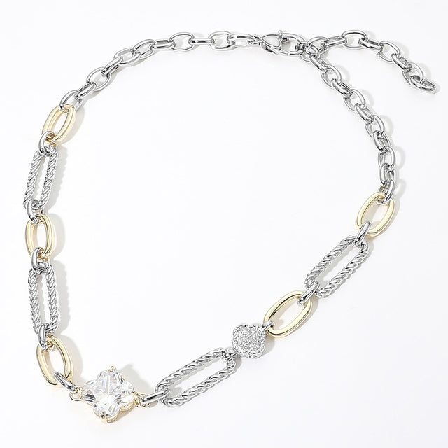 Madeline Love Two Tone 14K Gold Plated Two Tone CZ Quatrefoil Charm Accent Textured Link Necklace