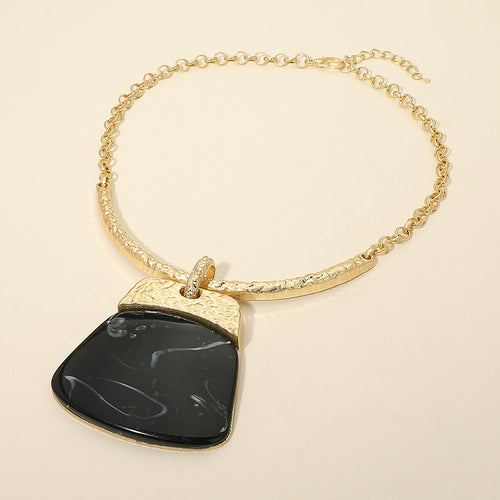 Bold Geometric Plate Pendant Accent Statement Necklace - Black, Gold