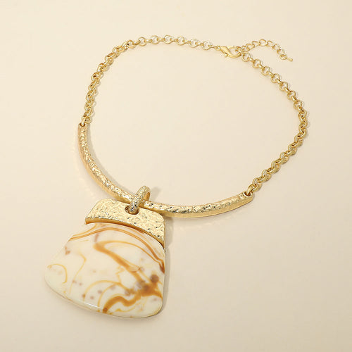 Bold Geometric Plate Pendant Accent Statement Necklace - Gold, Ivory