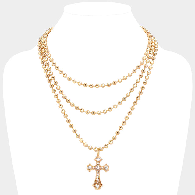 Madeline Love Gold SECRET BOX_Stone Pointed Cross Pendant Bubble Chain Triple Layered Necklace - Necklaces