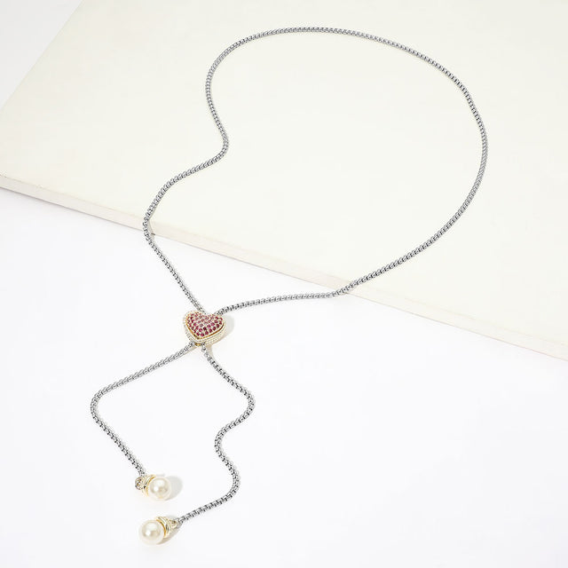 Madeline Love Multi 14K Gold Plated CZ Pave Heart Pearl Tip Drop Lariat Necklace