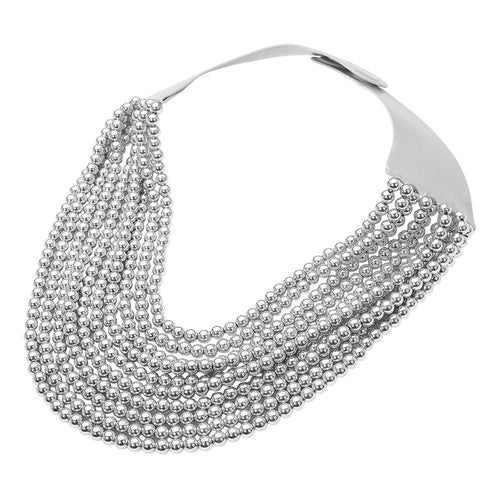 Women's Multi Layered Pearl Beaded Magnetic Statement Collar Necklace - Rhodium