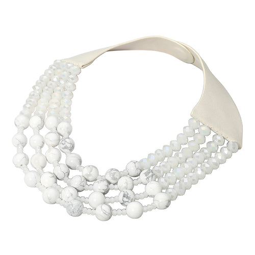 Layered Natural Stone Faceted Beaded Magnetic Collar Necklace - Clear White