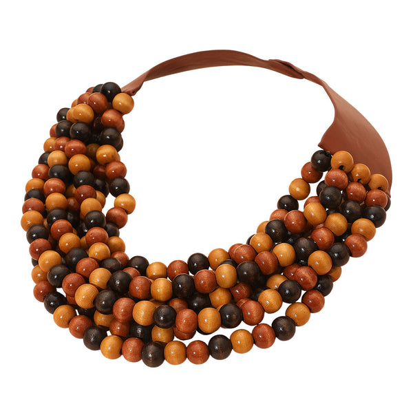 Dark Multi Multilayer Wooden Beaded Magnetic Collar Necklace