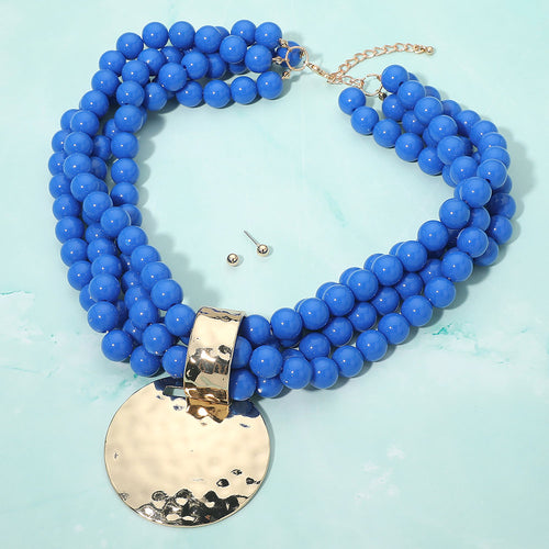 Bold Hammered Disc Plate Pendant Accent Multi Strand Beaded Statement Necklace - Royal Blue