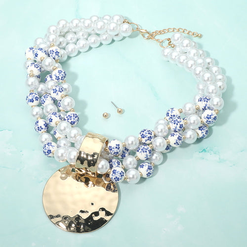 Bold Hammered Disc Plate Pendant Accent Multi Strand Pearl Floral Ceramic Ball Beaded Statement Necklace - Gold