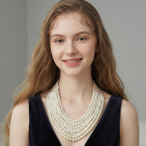 Marbled Ball Beaded Multi Layered Faux Leather Magnetic Necklace - Cream