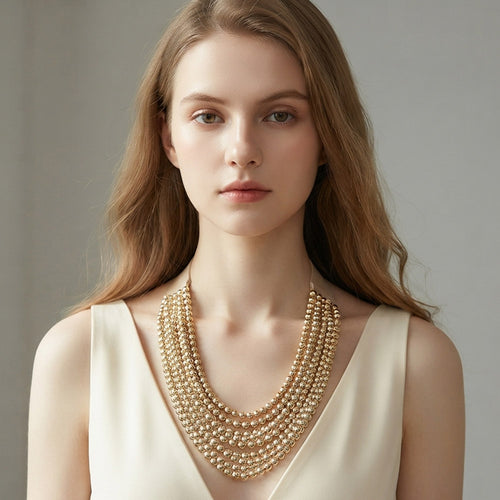 Marbled Ball Beaded Multi Layered Faux Leather Magnetic Necklace - Gold