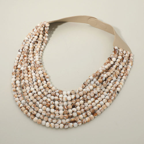 Marbled Ball Beaded Multi Layered Faux Leather Magnetic Necklace - Ivory