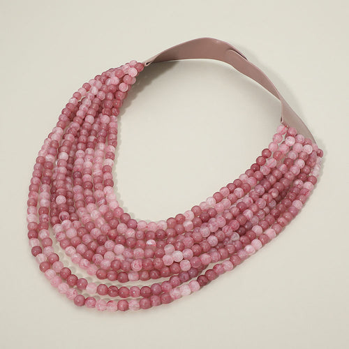Marbled Ball Beaded Multi Layered Faux Leather Magnetic Necklace - Dark, Pink