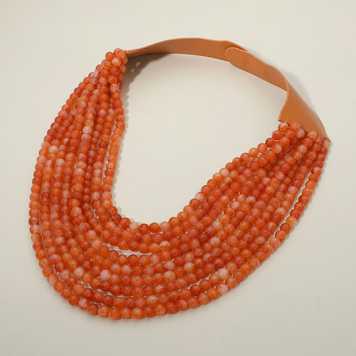Marbled Ball Beaded Multi Layered Faux Leather Magnetic Necklace - Orange