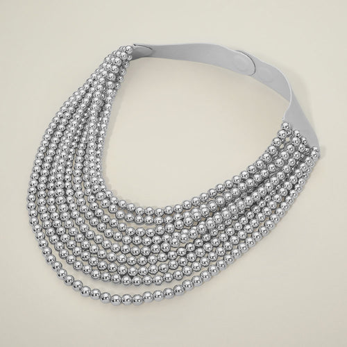 Marbled Ball Beaded Multi Layered Faux Leather Magnetic Necklace - Rhodium