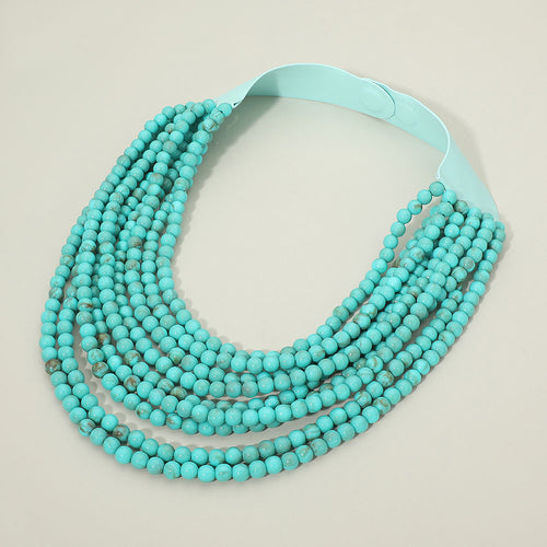 Marbled Ball Beaded Multi Layered Faux Leather Magnetic Necklace - Turquoise