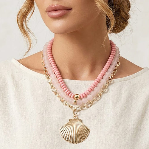 Bold Seashell Pendant Accent Multi Layered Beaded Chain Statement Necklace - Pink