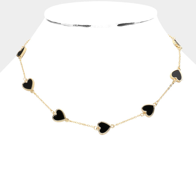 Heart Station Necklace - Black - Necklaces