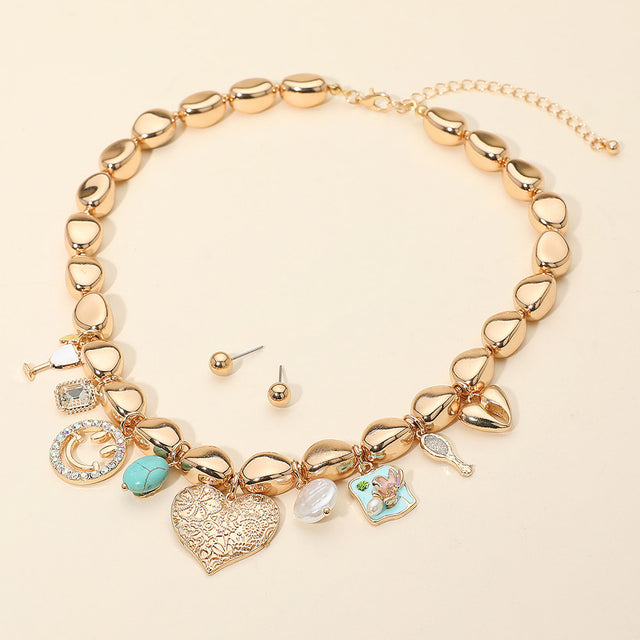 Madeline Love Cream, Gold Heart Pearl Flower Smile Turquoise Stone Charm Station Metal Pebble Beaded Statement Necklace