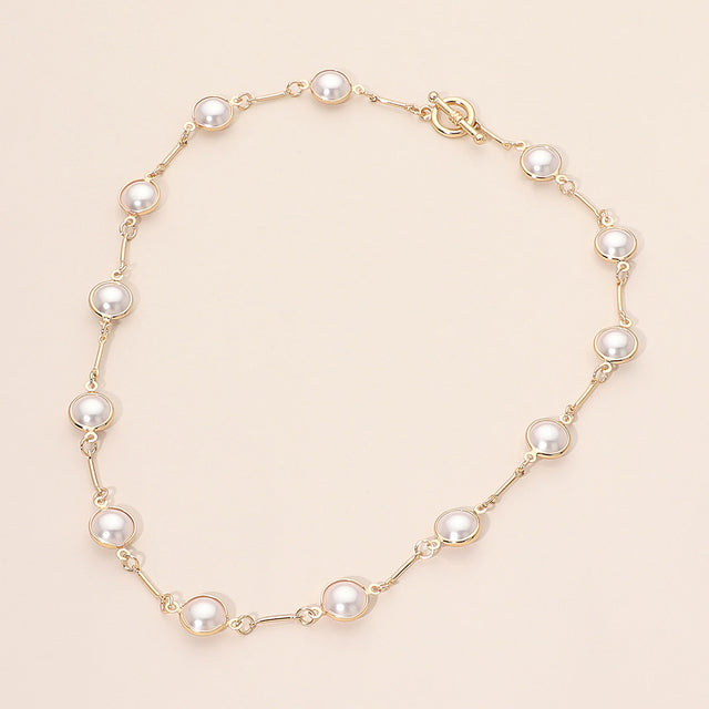 Madeline Love Cream, Gold Round Pearl Link Toggle Necklace