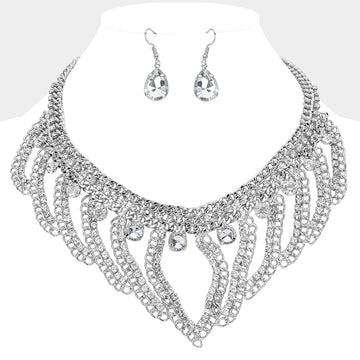 Madeline Love Clear, Rhodium Stone Cluster Pointed Chunky Abstract Chain Necklace - Necklaces